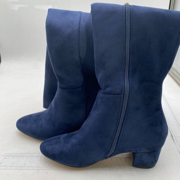 Navy Women Almond Toe Knee High Boots with Partial Zipper Stretchy Long Boot - Picture 2 of 7